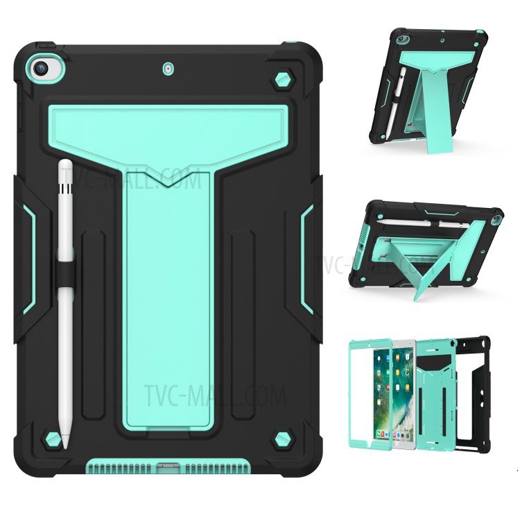 Foldable Kickstand Contrast Color Anti-dust PC Silicone Tablet Case for iPad 10.2 (2019) - Black/Cyan-1