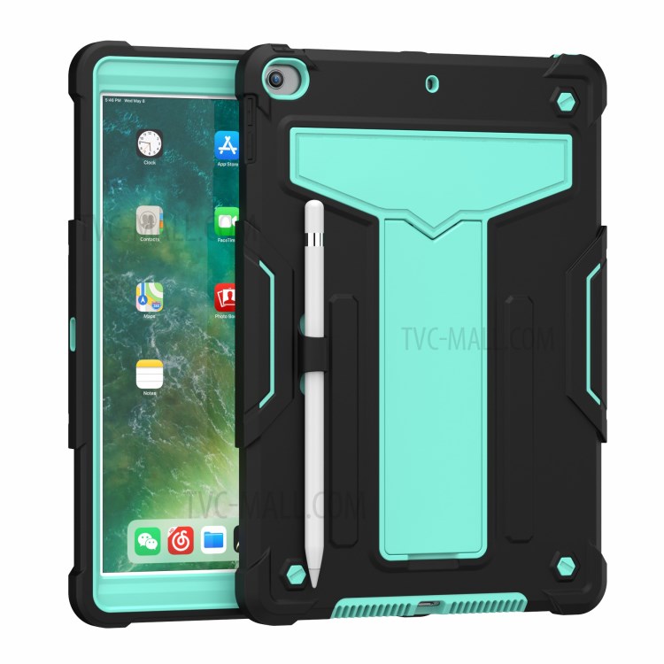 Foldable Kickstand Contrast Color Anti-dust PC Silicone Tablet Case for iPad 10.2 (2019) - Black/Cyan-2
