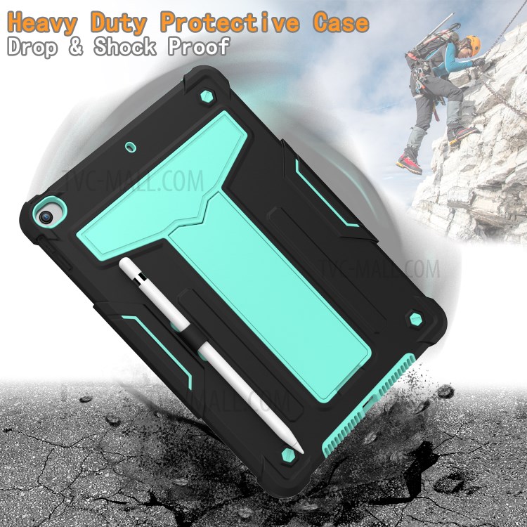 Foldable Kickstand Contrast Color Anti-dust PC Silicone Tablet Case for iPad 10.2 (2019) - Black/Cyan-3