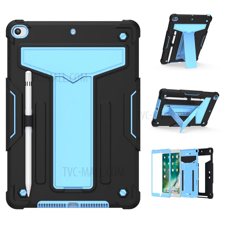 Foldable Kickstand Contrast Color Anti-dust PC Silicone Tablet Case for iPad 10.2 (2019) - Black/Baby Blue-1