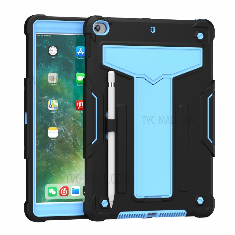Foldable Kickstand Contrast Color Anti-dust PC Silicone Tablet Case for iPad 10.2 (2019) - Black/Baby Blue-2
