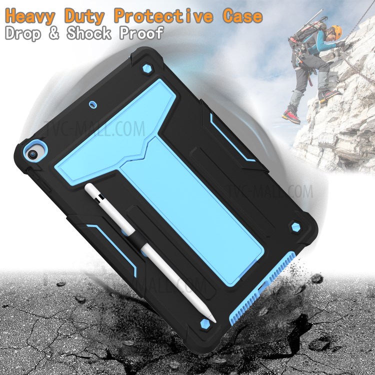 Foldable Kickstand Contrast Color Anti-dust PC Silicone Tablet Case for iPad 10.2 (2019) - Black/Baby Blue-4