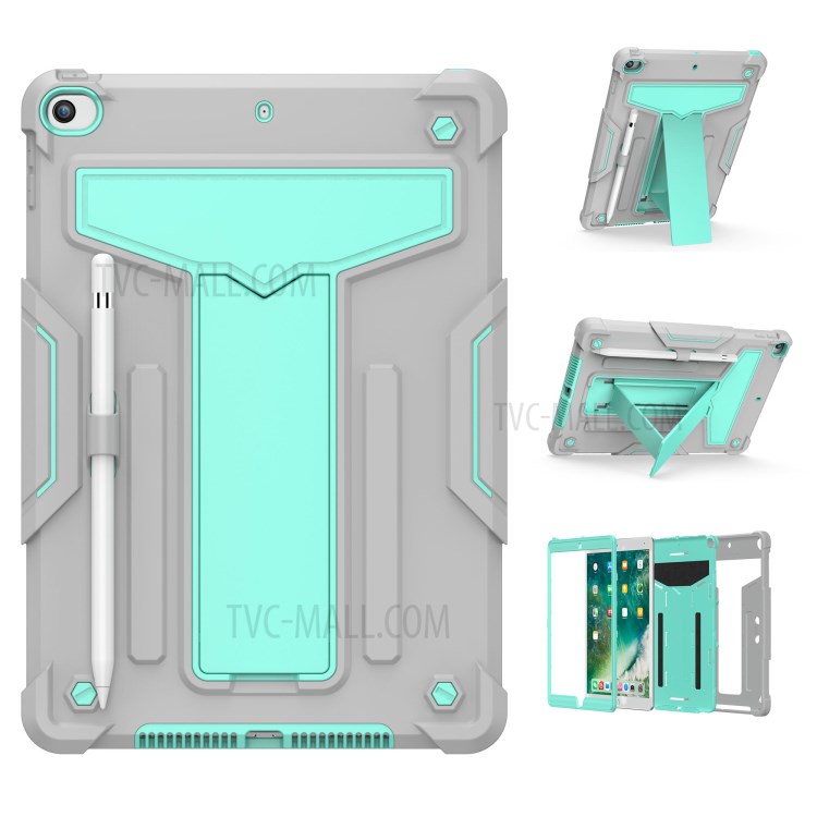 Foldable Kickstand Contrast Color Anti-dust PC Silicone Tablet Case for iPad 10.2 (2019) - Grey/Cyan-1