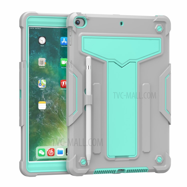 Foldable Kickstand Contrast Color Anti-dust PC Silicone Tablet Case for iPad 10.2 (2019) - Grey/Cyan-2