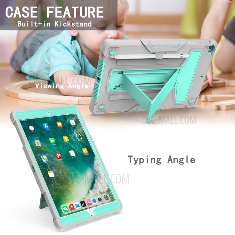 Foldable Kickstand Contrast Color Anti-dust PC Silicone Tablet Case for iPad 10.2 (2019) - Grey/Cyan-3