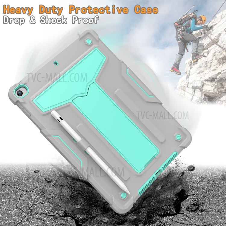 Foldable Kickstand Contrast Color Anti-dust PC Silicone Tablet Case for iPad 10.2 (2019) - Grey/Cyan-4