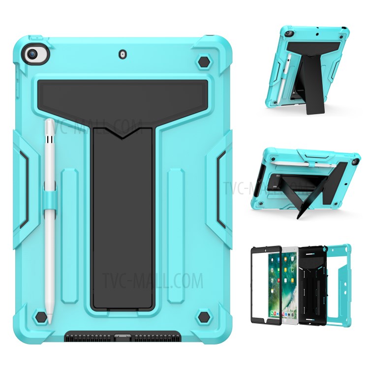 Foldable Kickstand Contrast Color Anti-dust PC Silicone Tablet Case for iPad 10.2 (2019) - Baby Blue/Black-1