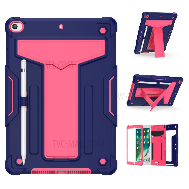 Foldable Kickstand Contrast Color Anti-dust PC Silicone Tablet Case for iPad 10.2 (2019) - Dark Blue/Red-1