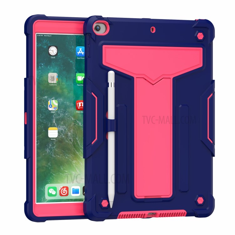 Foldable Kickstand Contrast Color Anti-dust PC Silicone Tablet Case for iPad 10.2 (2019) - Dark Blue/Red-2