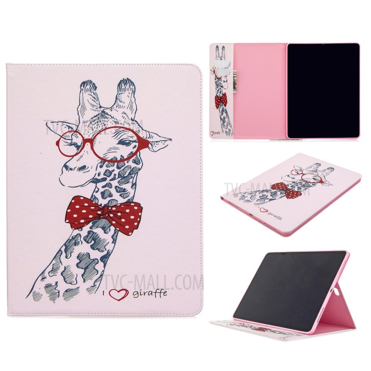 Printing Surface Leather Wallet Stand Case for iPad Pro 12.9-inch (2020) - Adorable Giraffe Wearing Glasses-1