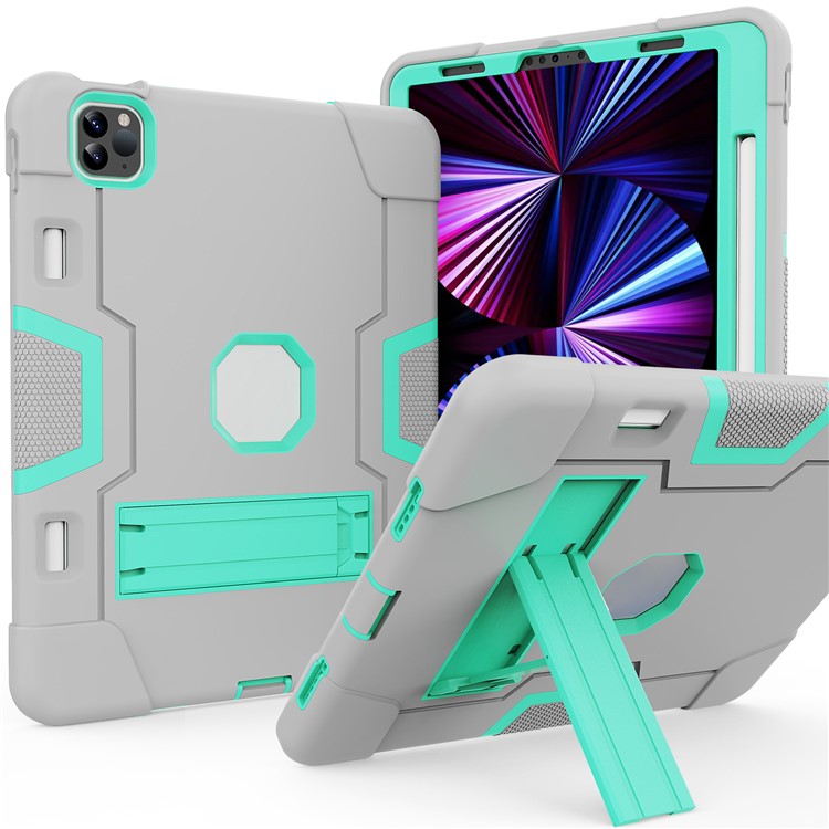 Shockproof TPU + PC Cover with Kickstand for Apple iPad Pro 11-inch (2020)/(2018) - Grey / Cyan-1