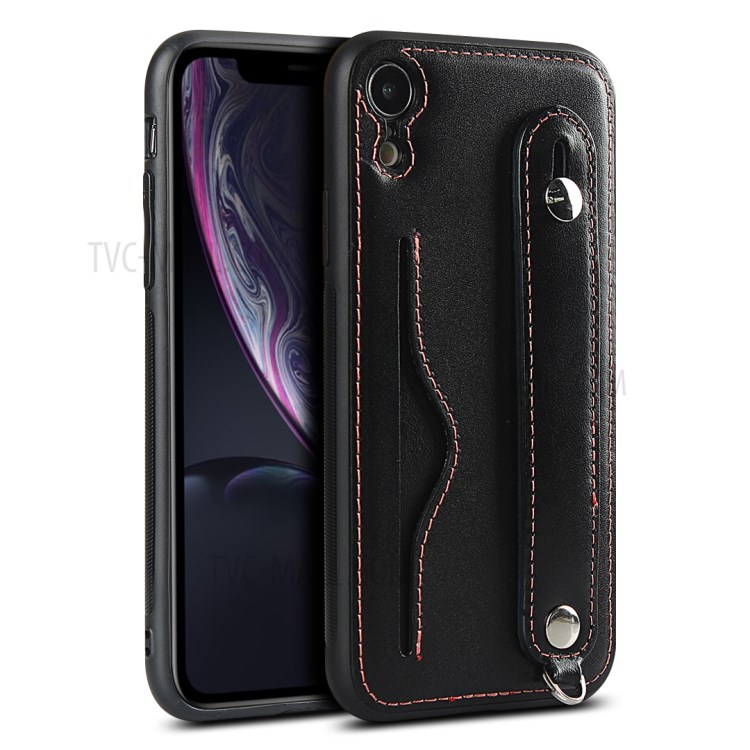 Genuine Leather Coated TPU Cover with Handy Strap Card Holder Lanyard for iPhone XR 6.1 inch - Black-3