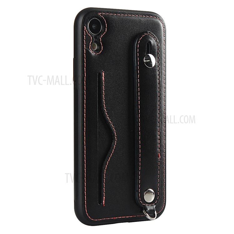 Genuine Leather Coated TPU Cover with Handy Strap Card Holder Lanyard for iPhone XR 6.1 inch - Black-7