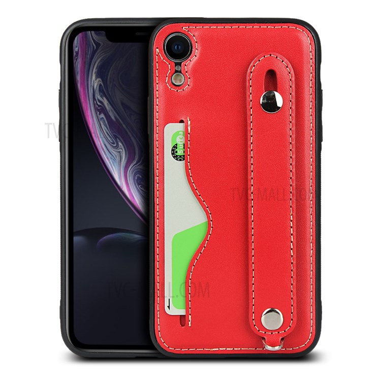 Genuine Leather Coated TPU Cover with Handy Strap Card Holder Lanyard for iPhone XR 6.1 inch - Red-1