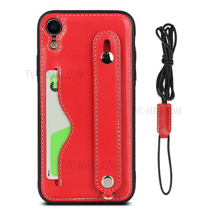 Genuine Leather Coated TPU Cover with Handy Strap Card Holder Lanyard for iPhone XR 6.1 inch - Red-2