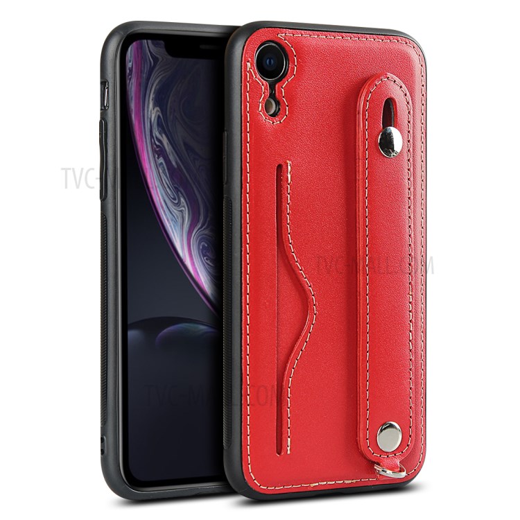 Genuine Leather Coated TPU Cover with Handy Strap Card Holder Lanyard for iPhone XR 6.1 inch - Red-3