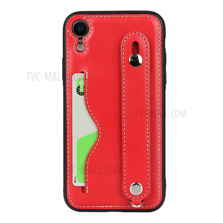 Genuine Leather Coated TPU Cover with Handy Strap Card Holder Lanyard for iPhone XR 6.1 inch - Red-4