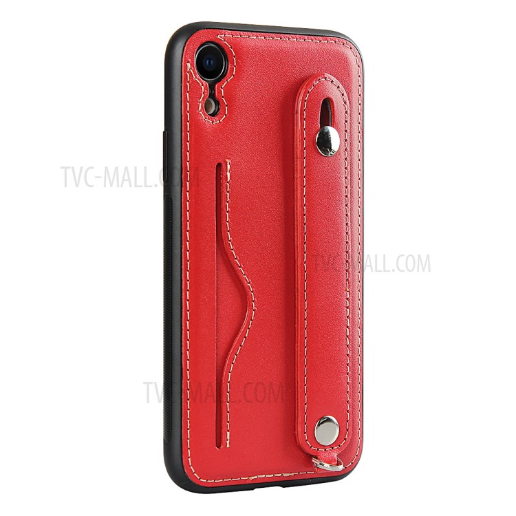 Genuine Leather Coated TPU Cover with Handy Strap Card Holder Lanyard for iPhone XR 6.1 inch - Red-5