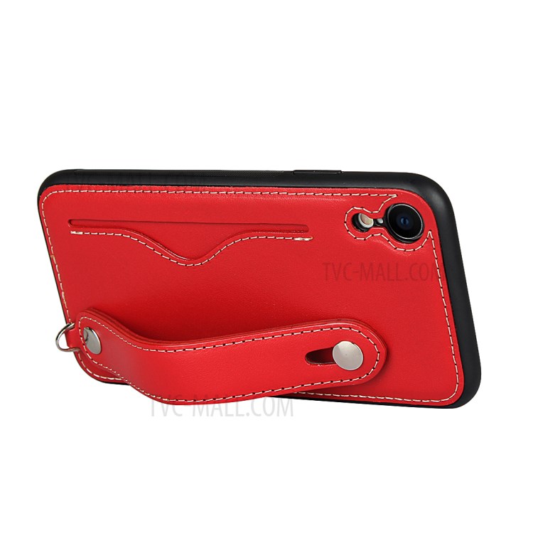 Genuine Leather Coated TPU Cover with Handy Strap Card Holder Lanyard for iPhone XR 6.1 inch - Red-6