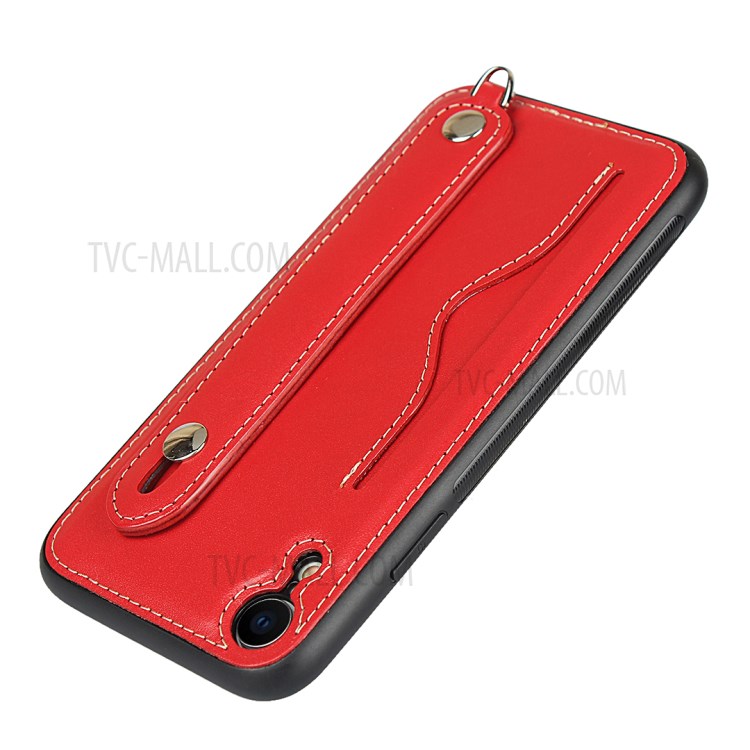Genuine Leather Coated TPU Cover with Handy Strap Card Holder Lanyard for iPhone XR 6.1 inch - Red-7