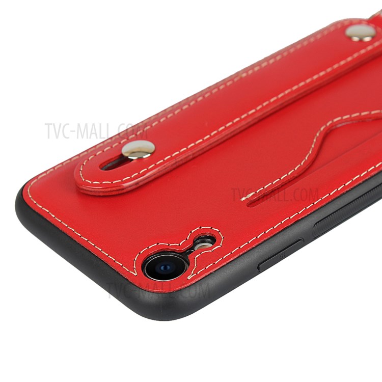 Genuine Leather Coated TPU Cover with Handy Strap Card Holder Lanyard for iPhone XR 6.1 inch - Red-8