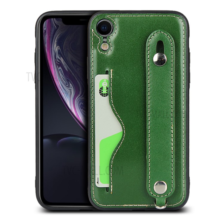 Genuine Leather Coated TPU Cover with Handy Strap Card Holder Lanyard for iPhone XR 6.1 inch - Green-1