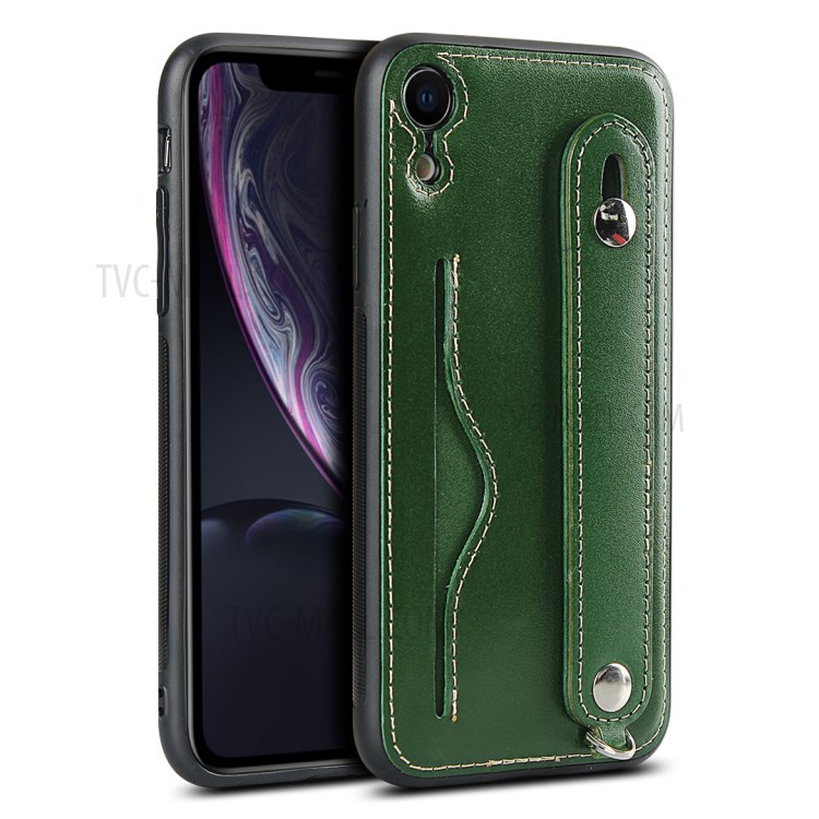 Genuine Leather Coated TPU Cover with Handy Strap Card Holder Lanyard for iPhone XR 6.1 inch - Green-3
