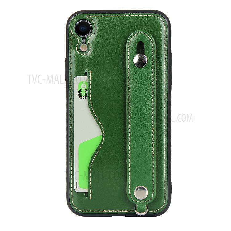 Genuine Leather Coated TPU Cover with Handy Strap Card Holder Lanyard for iPhone XR 6.1 inch - Green-4