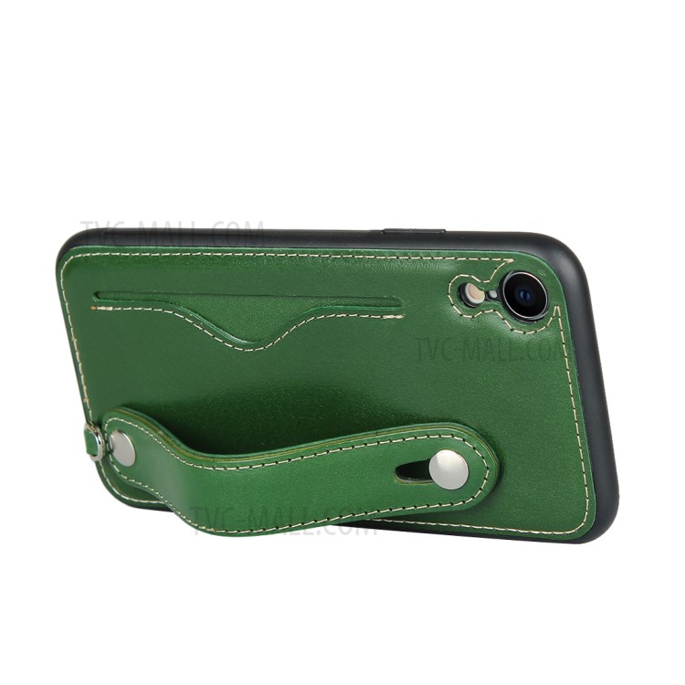 Genuine Leather Coated TPU Cover with Handy Strap Card Holder Lanyard for iPhone XR 6.1 inch - Green-6