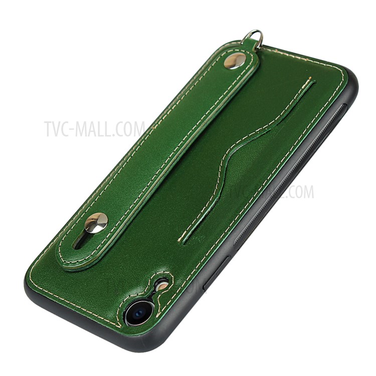 Genuine Leather Coated TPU Cover with Handy Strap Card Holder Lanyard for iPhone XR 6.1 inch - Green-7