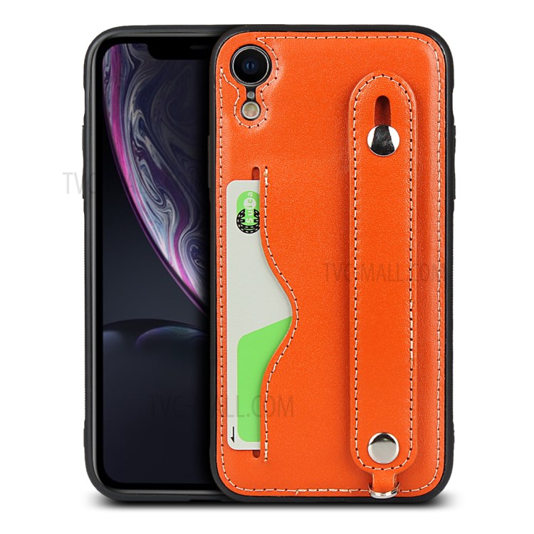 Genuine Leather Coated TPU Cover with Handy Strap Card Holder Lanyard for iPhone XR 6.1 inch - Orange-1