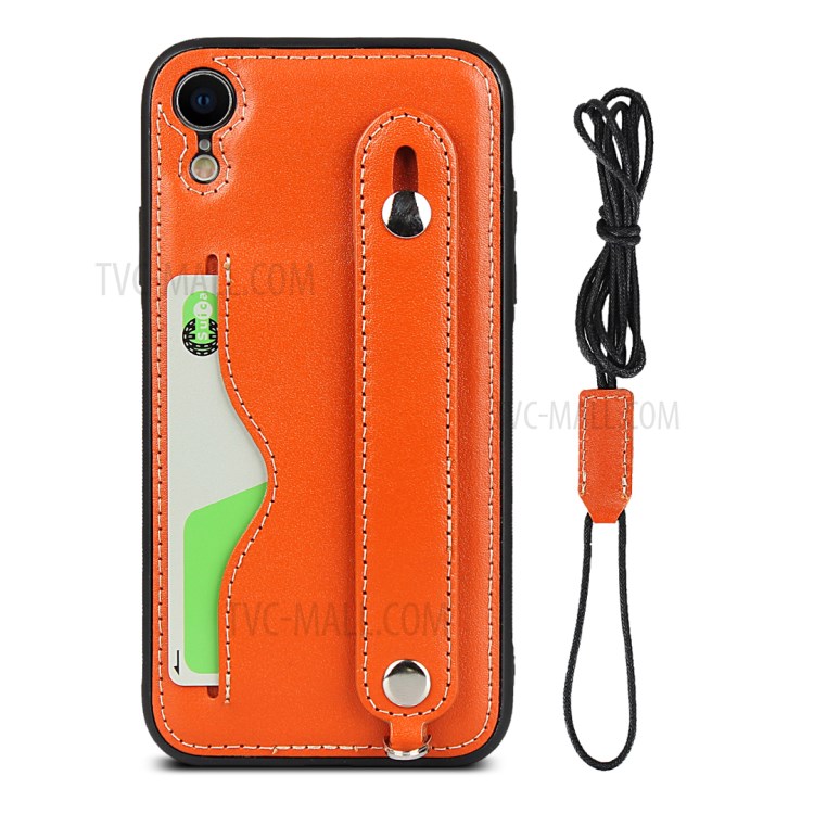 Genuine Leather Coated TPU Cover with Handy Strap Card Holder Lanyard for iPhone XR 6.1 inch - Orange-2