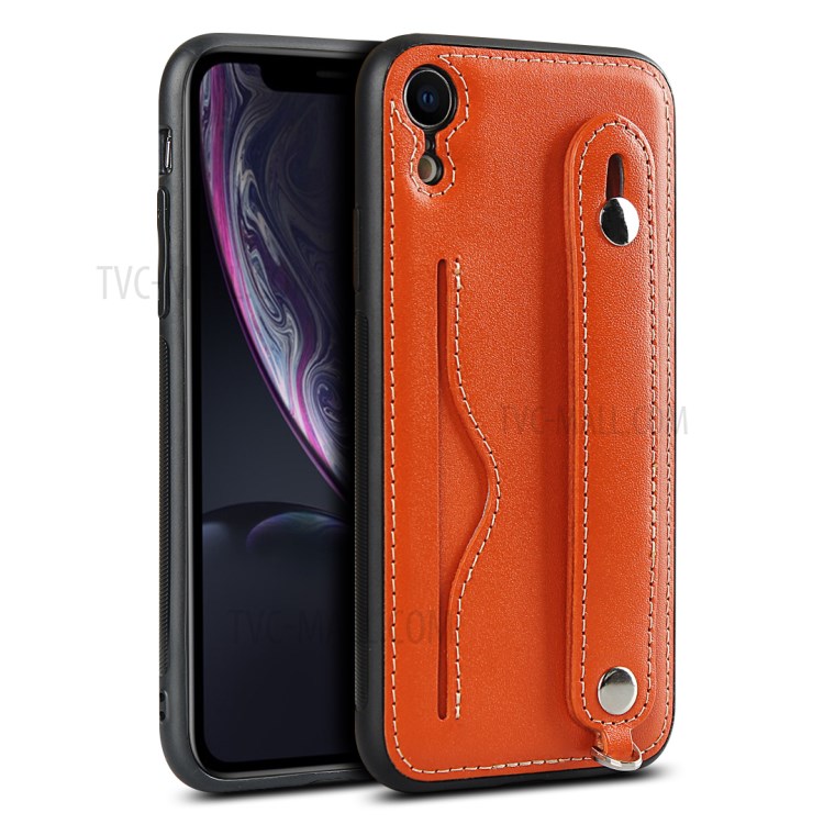 Genuine Leather Coated TPU Cover with Handy Strap Card Holder Lanyard for iPhone XR 6.1 inch - Orange-3