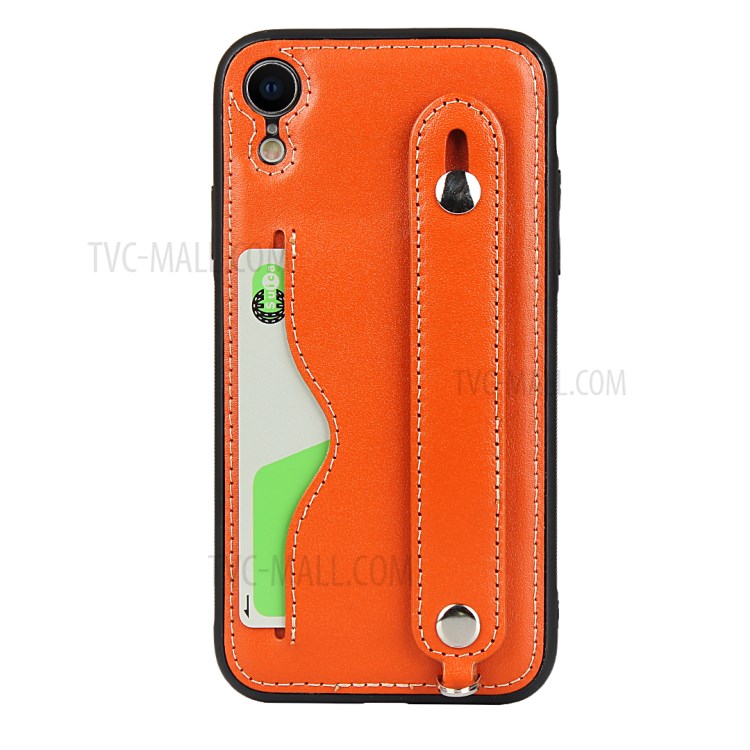 Genuine Leather Coated TPU Cover with Handy Strap Card Holder Lanyard for iPhone XR 6.1 inch - Orange-4