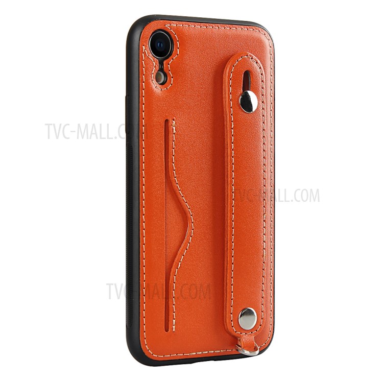 Genuine Leather Coated TPU Cover with Handy Strap Card Holder Lanyard for iPhone XR 6.1 inch - Orange-5