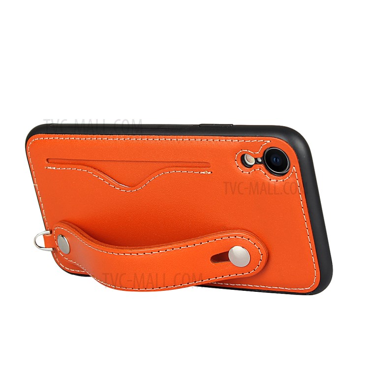 Genuine Leather Coated TPU Cover with Handy Strap Card Holder Lanyard for iPhone XR 6.1 inch - Orange-6