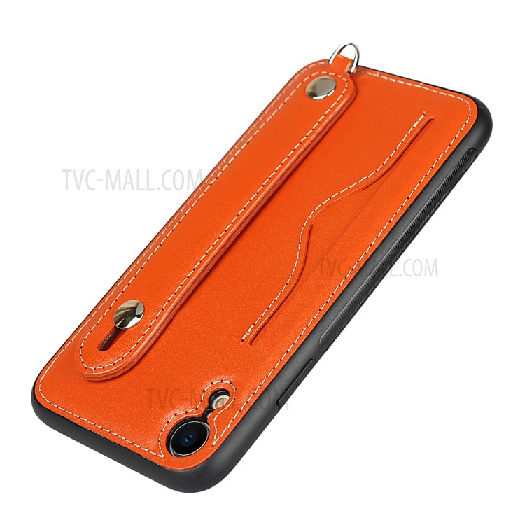 Genuine Leather Coated TPU Cover with Handy Strap Card Holder Lanyard for iPhone XR 6.1 inch - Orange-7