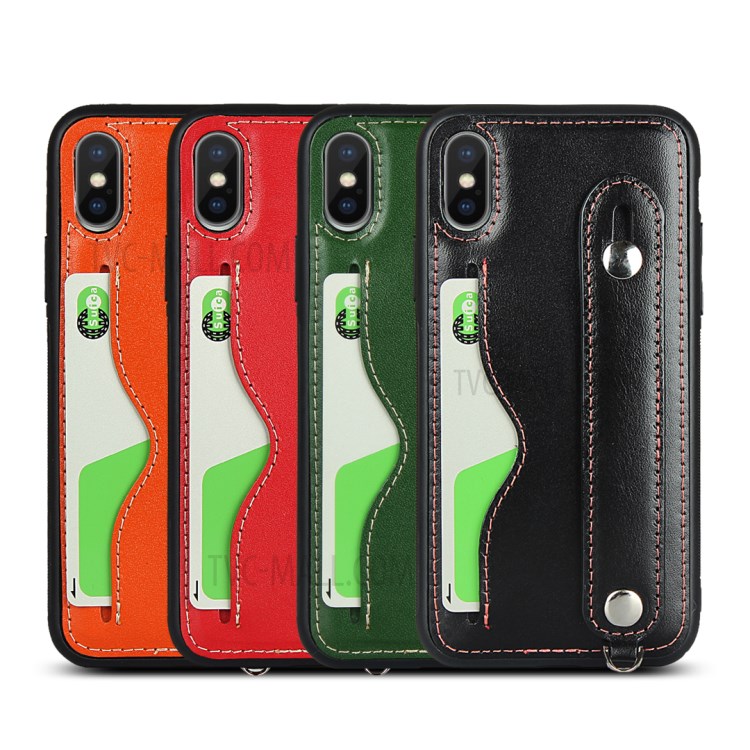 Handy Strap Genuine Leather Coated TPU Case with Card Holder Lanyard for iPhone XS/X - Black-10