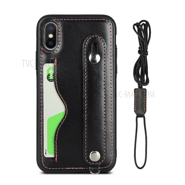 Handy Strap Genuine Leather Coated TPU Case with Card Holder Lanyard for iPhone XS/X - Black-2