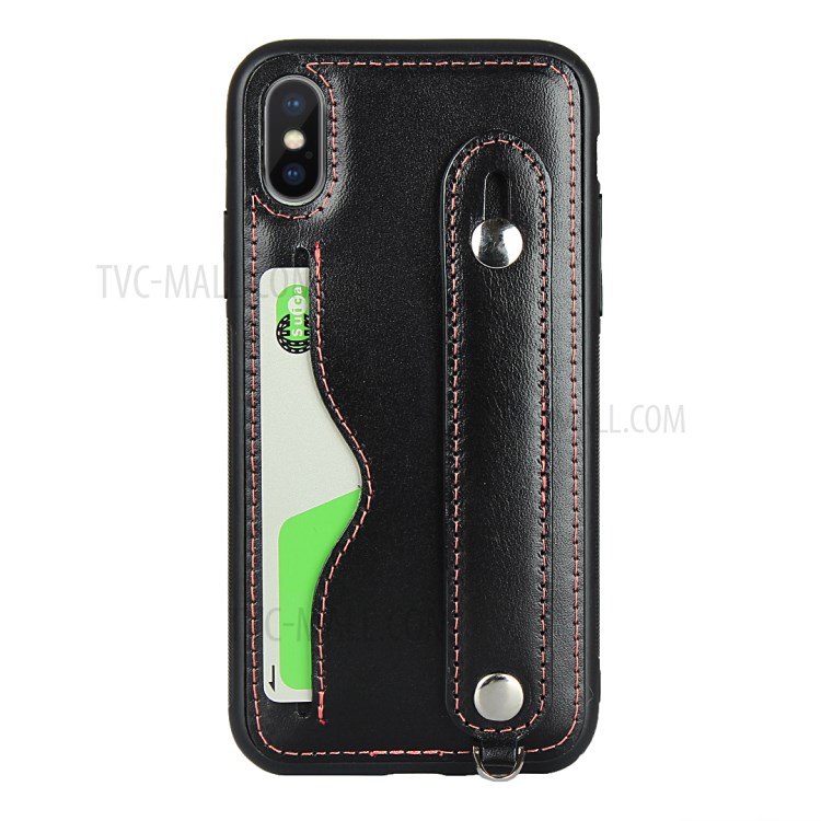 Handy Strap Genuine Leather Coated TPU Case with Card Holder Lanyard for iPhone XS/X - Black-4