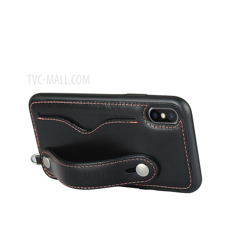 Handy Strap Genuine Leather Coated TPU Case with Card Holder Lanyard for iPhone XS/X - Black-6