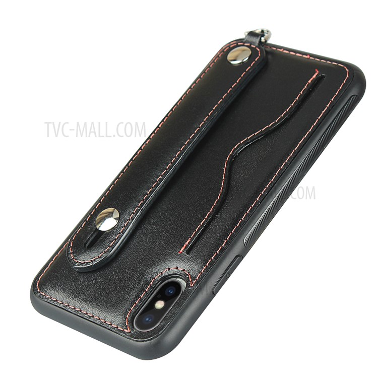 Handy Strap Genuine Leather Coated TPU Case with Card Holder Lanyard for iPhone XS/X - Black-7