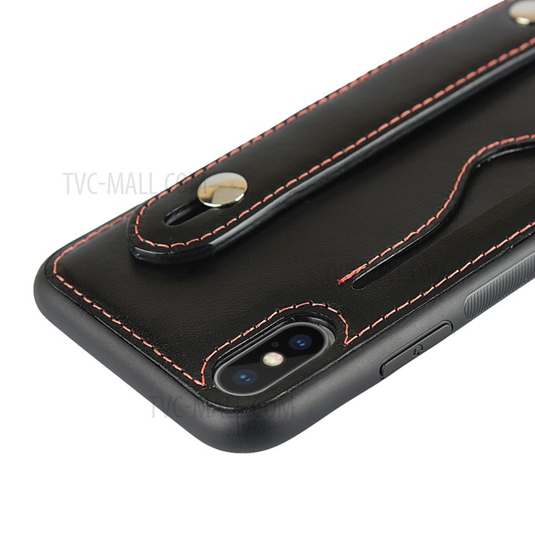 Handy Strap Genuine Leather Coated TPU Case with Card Holder Lanyard for iPhone XS/X - Black-8