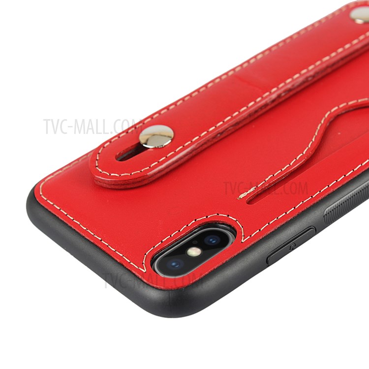 Handy Strap Genuine Leather Coated TPU Case with Card Holder Lanyard for iPhone XS/X - Red-9