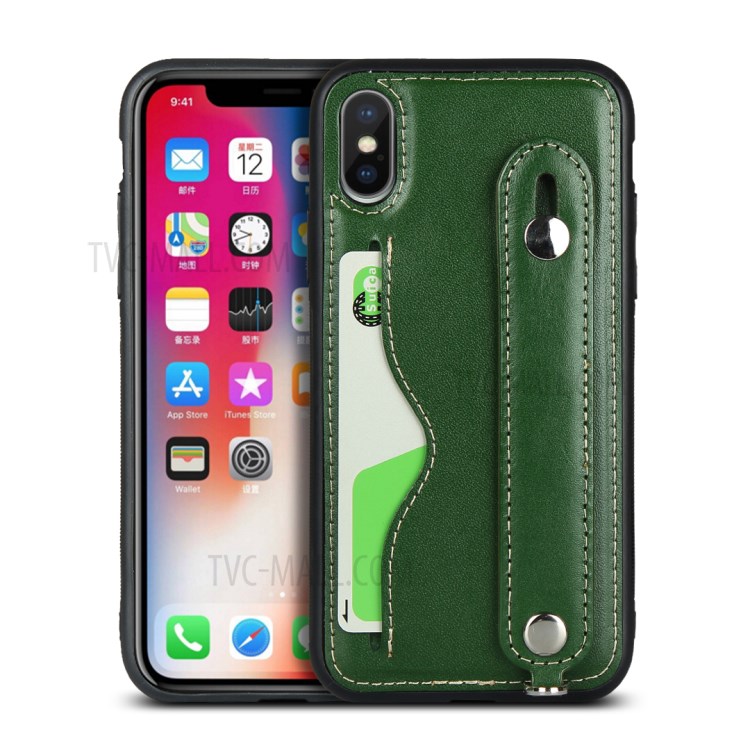 Calhar Cinta Caso TPU Revestidos De Couro Genuíno Com Cordão Titular Do Cartão Para O Iphone XS / X - Verde-1