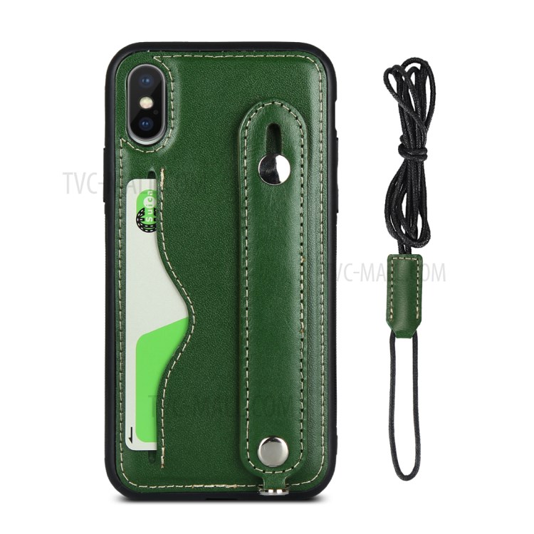 Calhar Cinta Caso TPU Revestidos De Couro Genuíno Com Cordão Titular Do Cartão Para O Iphone XS / X - Verde-2