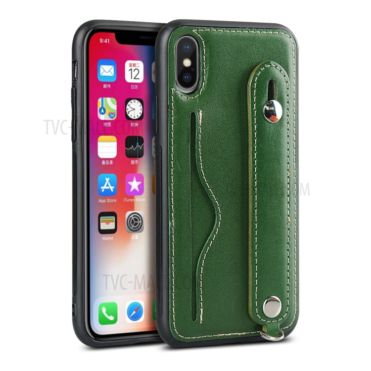 Calhar Cinta Caso TPU Revestidos De Couro Genuíno Com Cordão Titular Do Cartão Para O Iphone XS / X - Verde-3