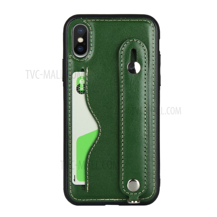 Calhar Cinta Caso TPU Revestidos De Couro Genuíno Com Cordão Titular Do Cartão Para O Iphone XS / X - Verde-4
