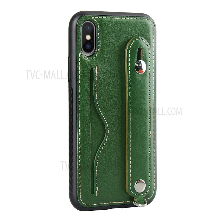 Calhar Cinta Caso TPU Revestidos De Couro Genuíno Com Cordão Titular Do Cartão Para O Iphone XS / X - Verde-5