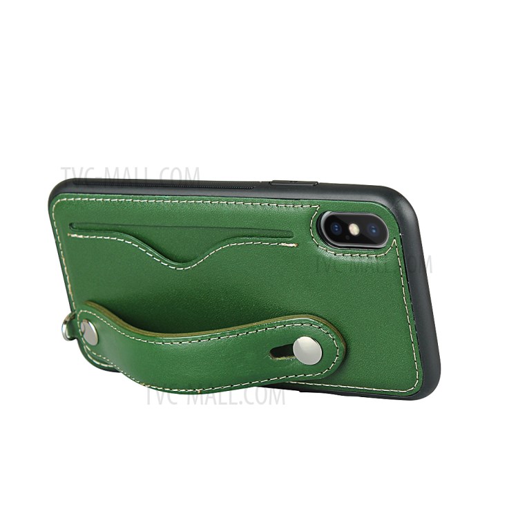 Calhar Cinta Caso TPU Revestidos De Couro Genuíno Com Cordão Titular Do Cartão Para O Iphone XS / X - Verde-6